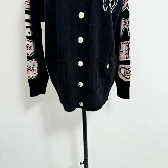 Chanel Black Knit Cardigan Cartoon Embroidery Plays Up Luxury Childlike Style - Picture 5 of 10